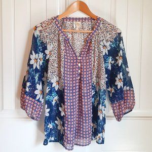 Fig and Flower Daisy Multi Print Sheer Boho Blouse